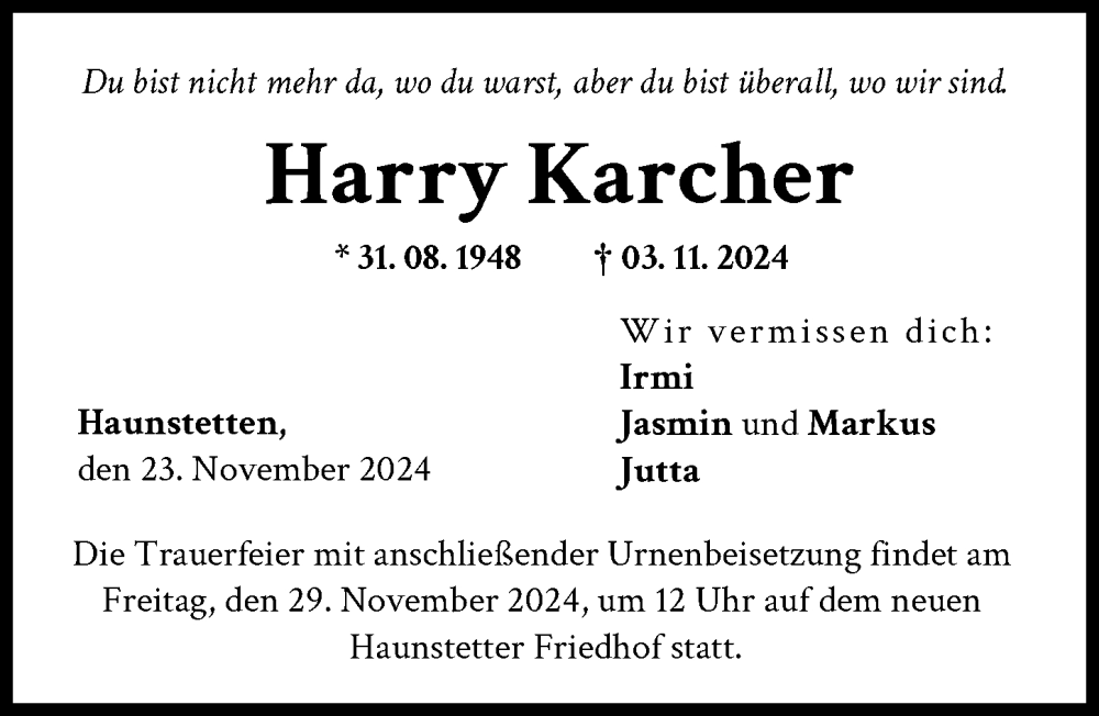 Traueranzeige von Harry Karcher von Augsburger Allgemeine