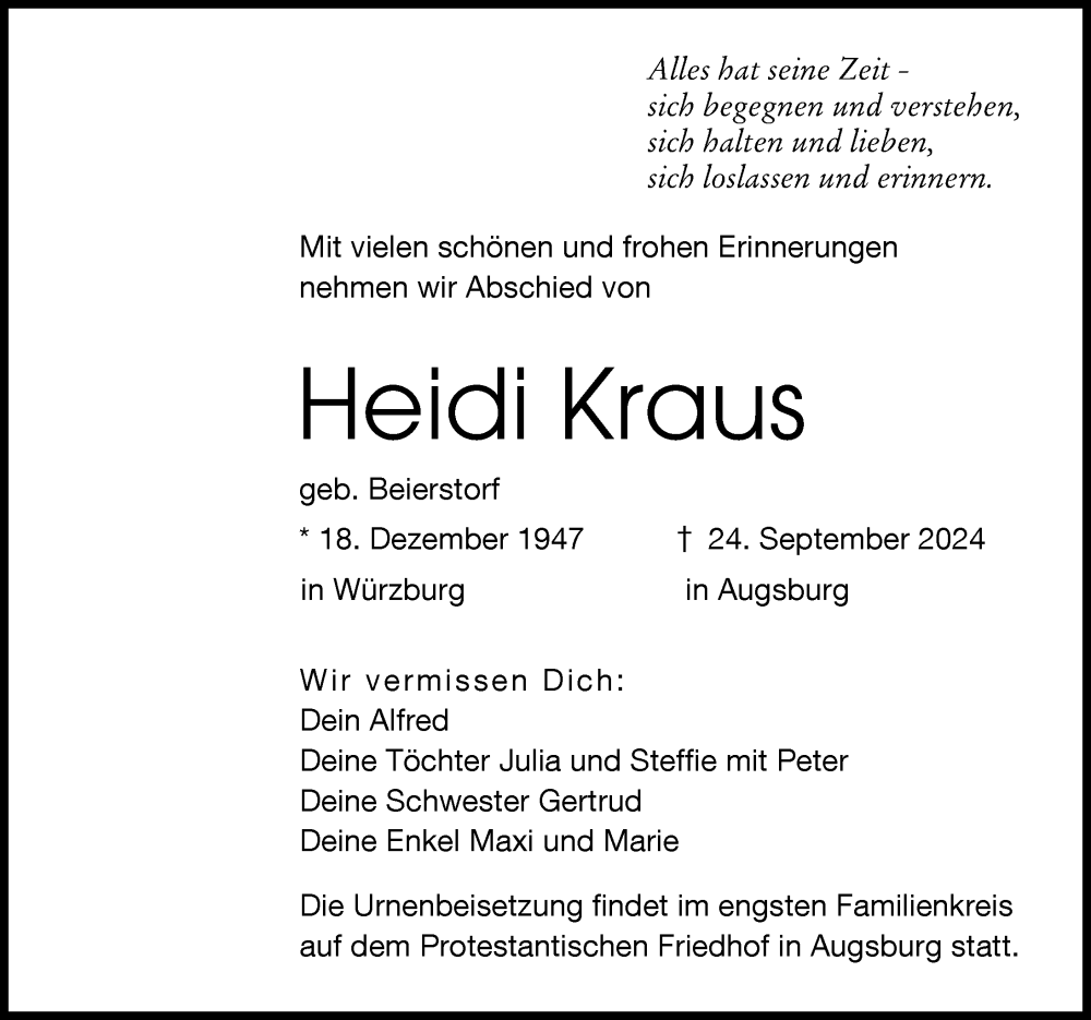 Traueranzeige von Heidi Kraus von Augsburger Allgemeine