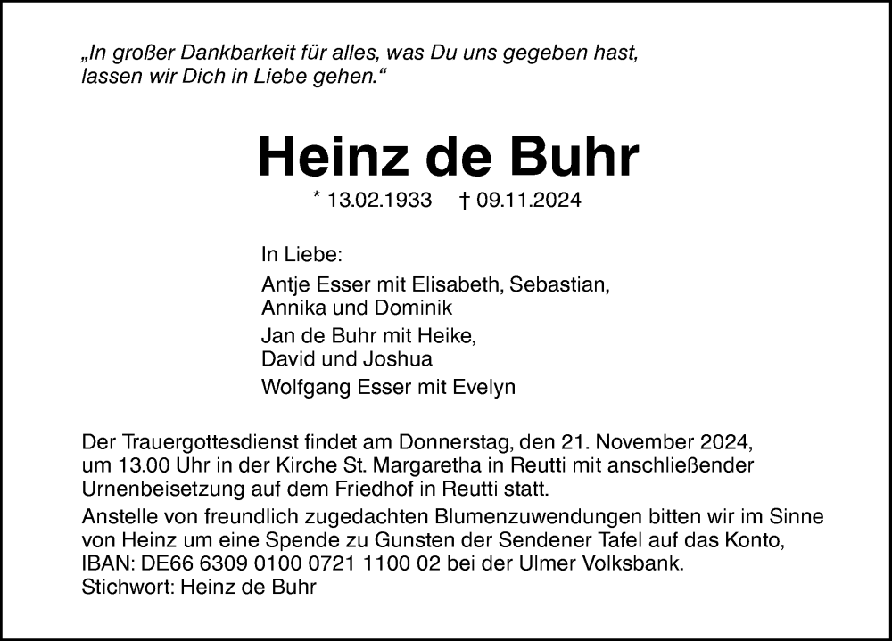 Traueranzeige von Heinz de Buhr von Augsburger Allgemeine, Neu-Ulmer Zeitung