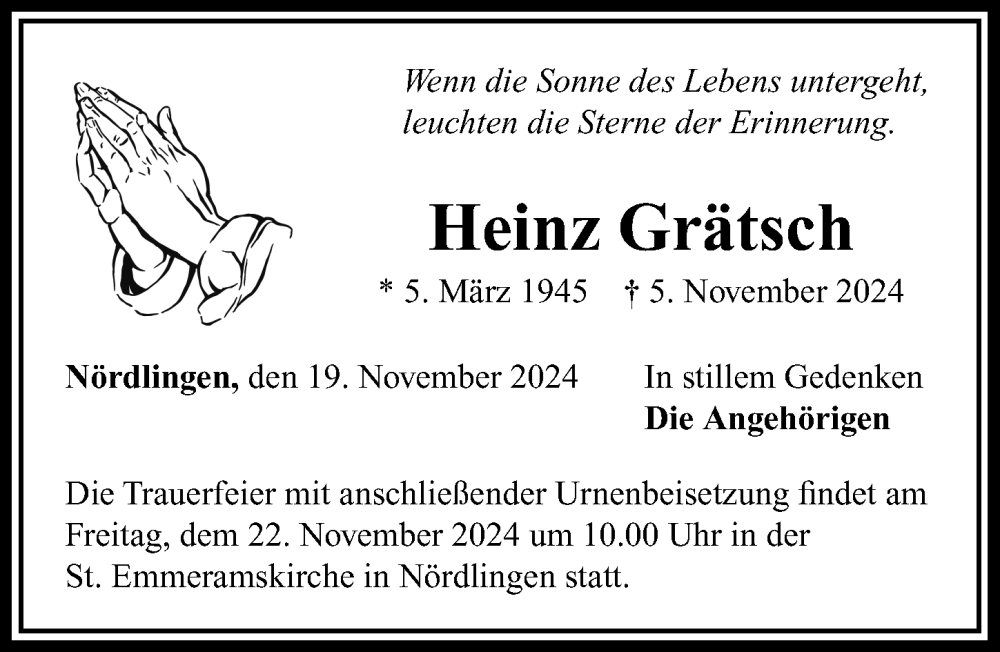 Traueranzeige von Heinz Grätsch von Rieser Nachrichten