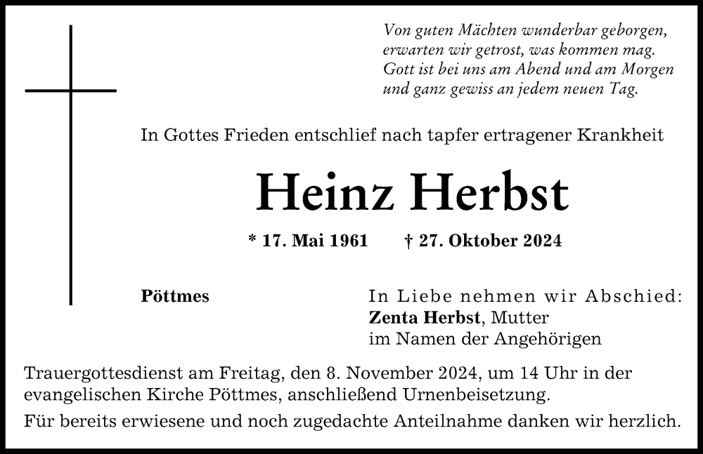 Traueranzeige von Heinz Herbst von Aichacher Nachrichten