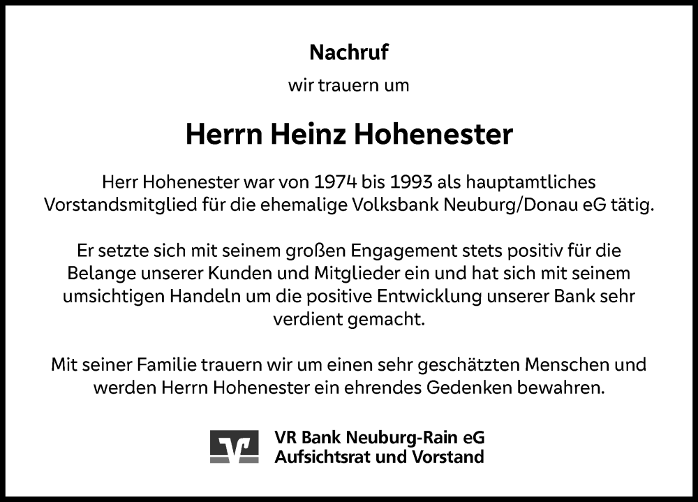 Traueranzeige von Heinz Hohenester von Neuburger Rundschau