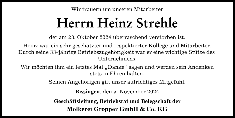 Traueranzeige von Heinz Strehle von Rieser Nachrichten, Donau Zeitung, Donauwörther Zeitung