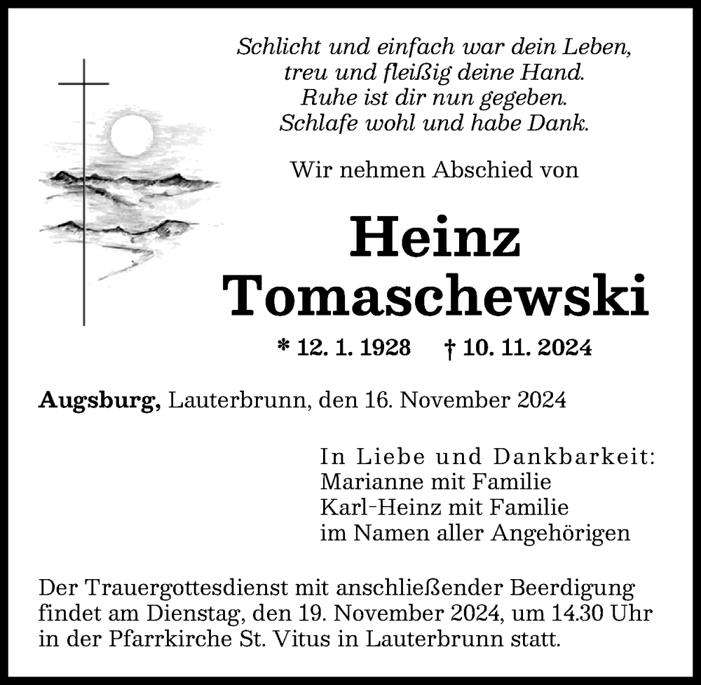 Traueranzeige von Heinz Tomaschewski von Augsburger Allgemeine