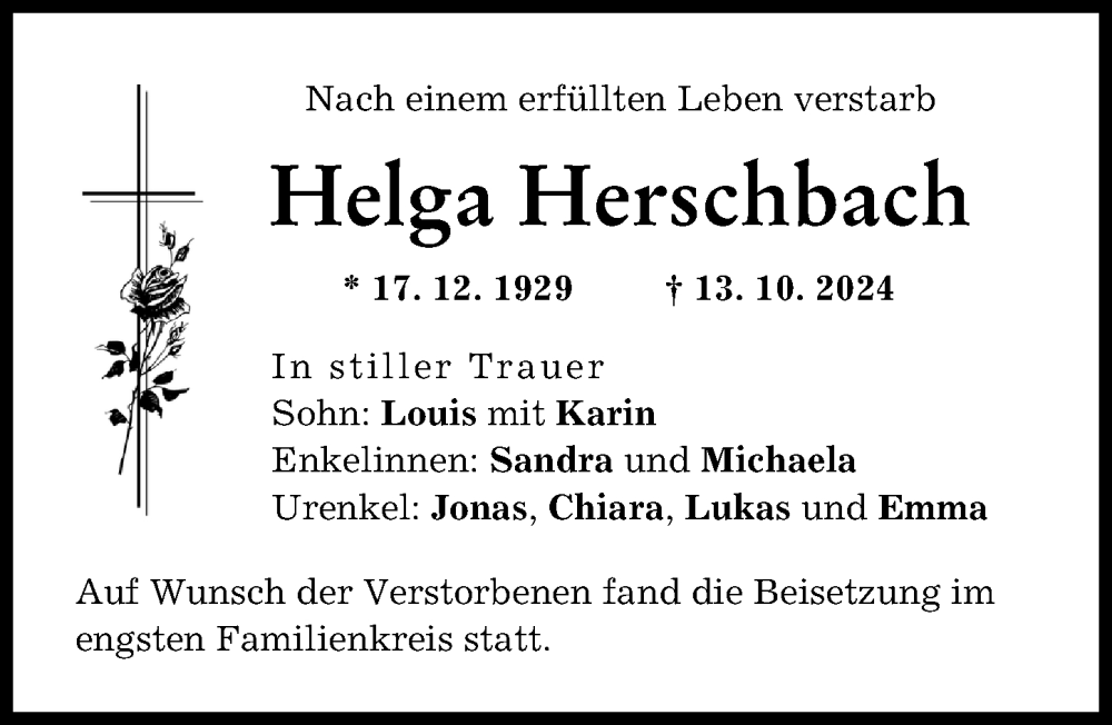 Traueranzeige von Helga Herschbach von Neu-Ulmer Zeitung