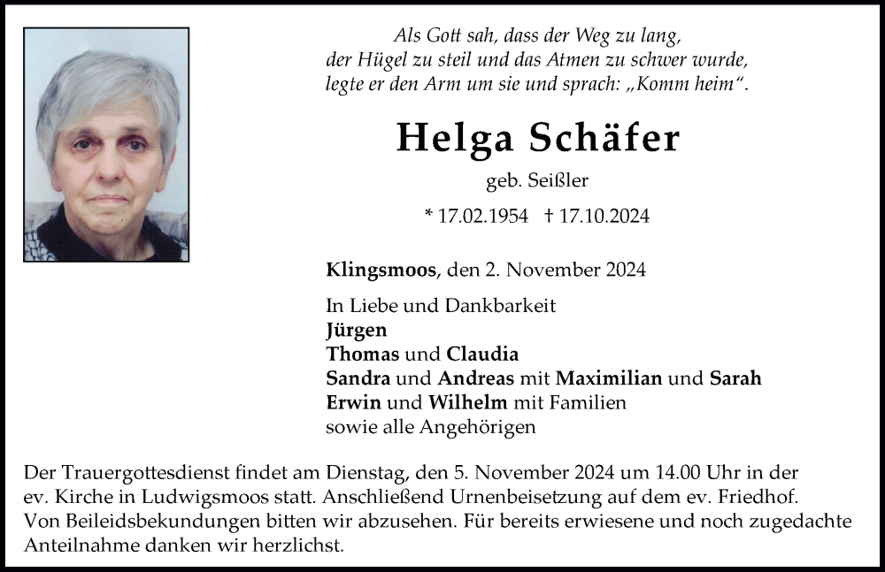 Traueranzeige von Helga Schäfer von Neuburger Rundschau