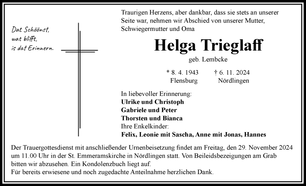 Traueranzeige von Helga Trieglaff von Rieser Nachrichten