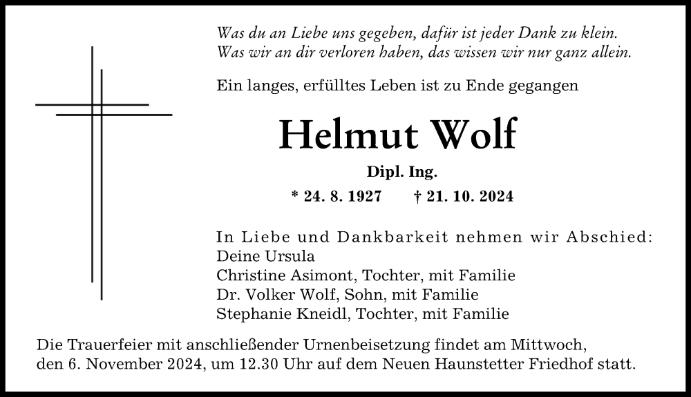 Traueranzeige von Helmut Wolf von Augsburger Allgemeine