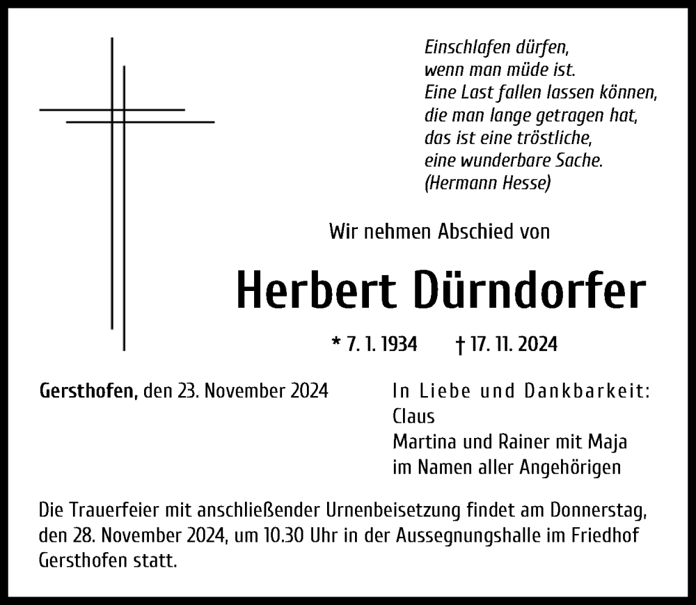 Traueranzeige von Herbert Dürndorfer von Augsburger Allgemeine