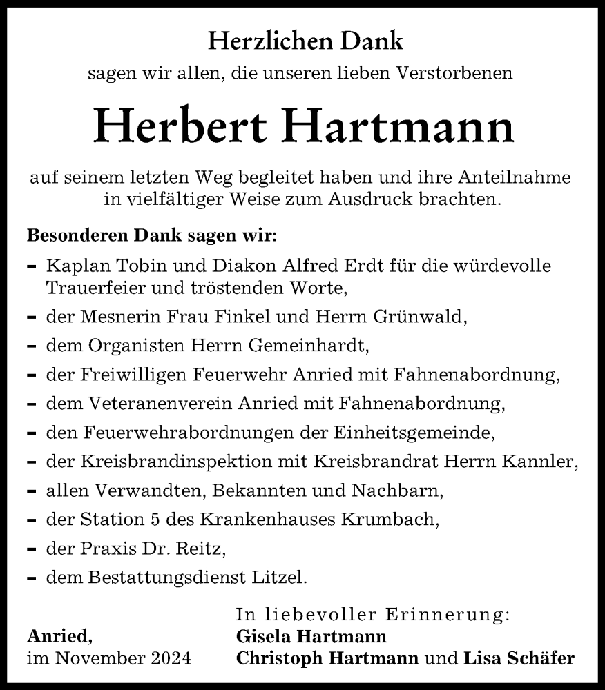 Traueranzeige von Herbert Hartmann von Augsburg-Land