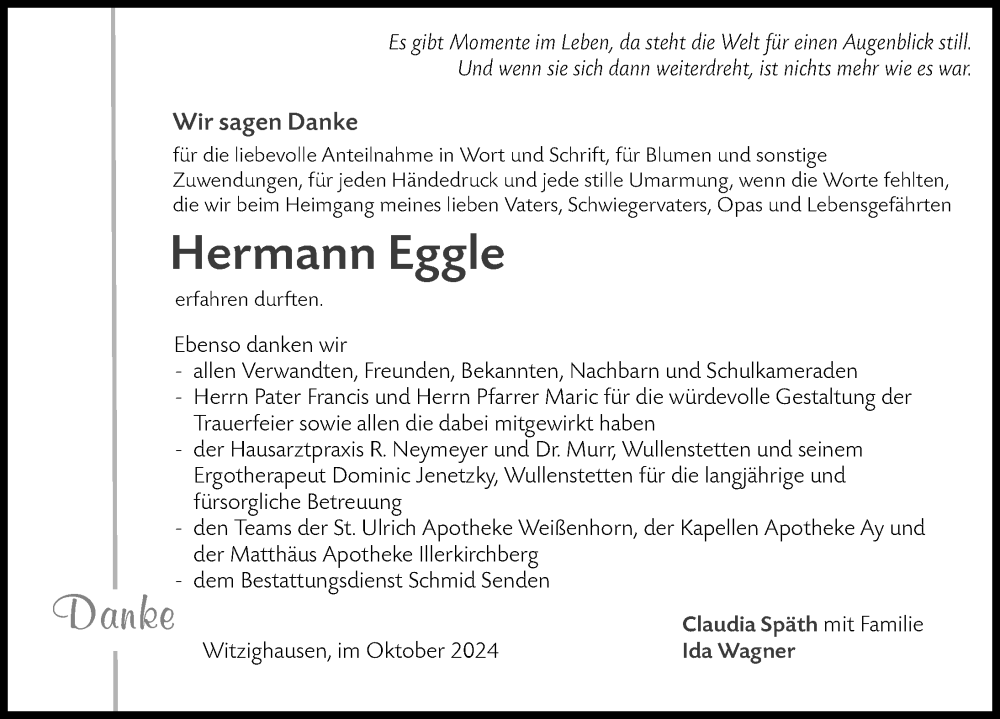 Traueranzeige von Hermann Eggle von Neu-Ulmer Zeitung