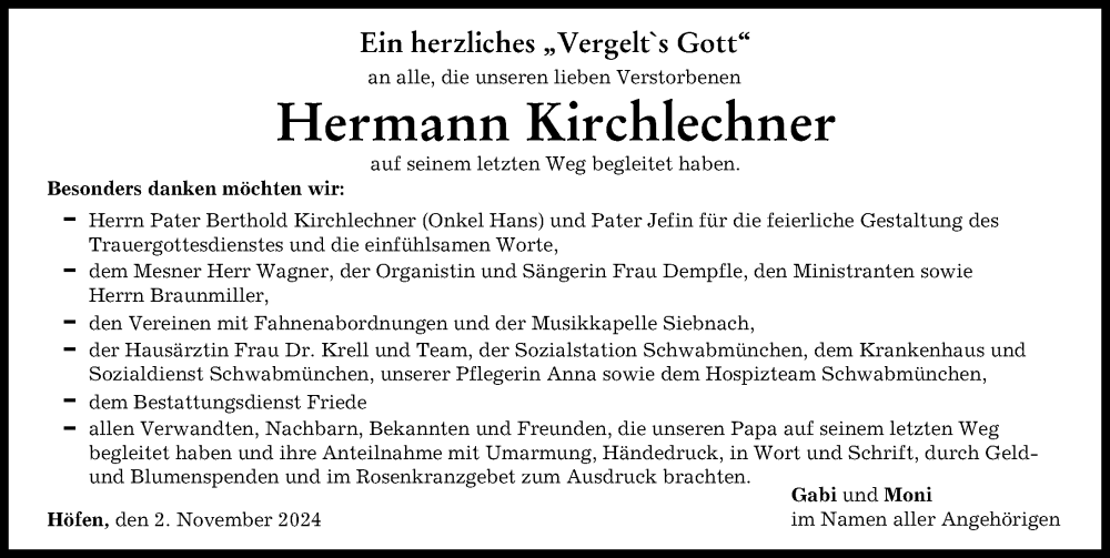 Traueranzeige von Hermann Kirchlechner von Mindelheimer Zeitung, Schwabmünchner Allgemeine