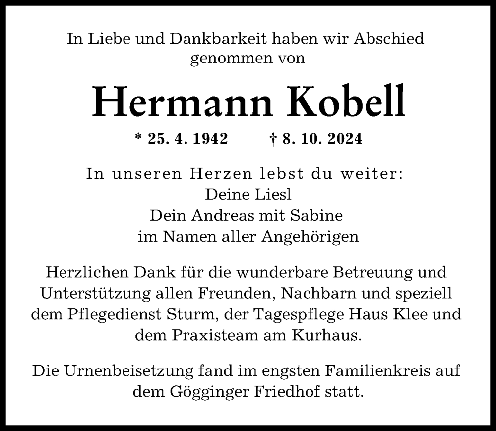 Traueranzeige von Hermann Kobell von Augsburger Allgemeine