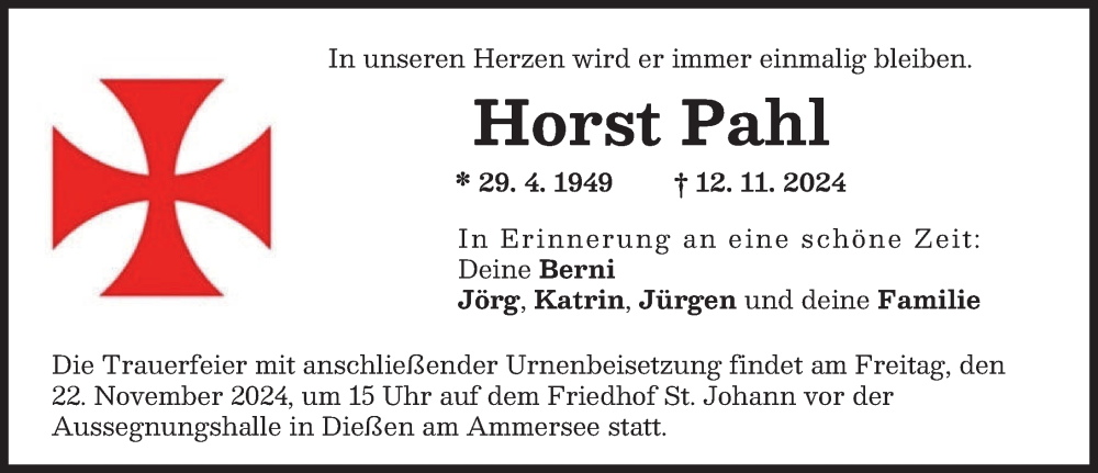 Traueranzeige von Horst Pahl von Ammersee Kurier