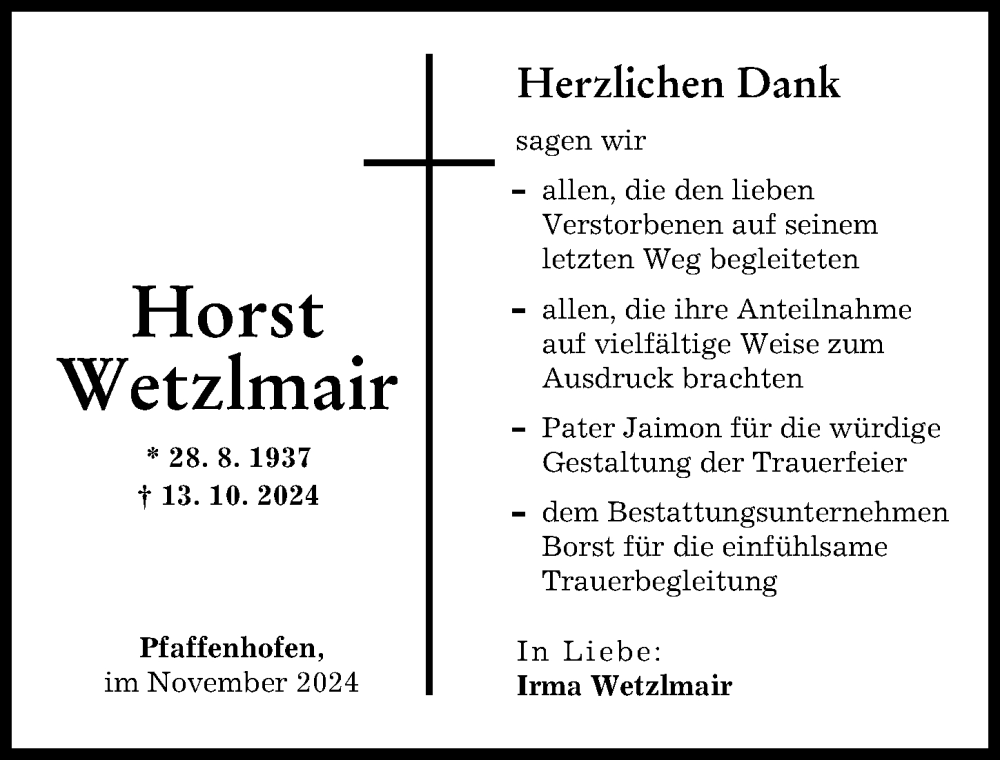 Traueranzeige von Horst Wetzlmair von Neu-Ulmer Zeitung