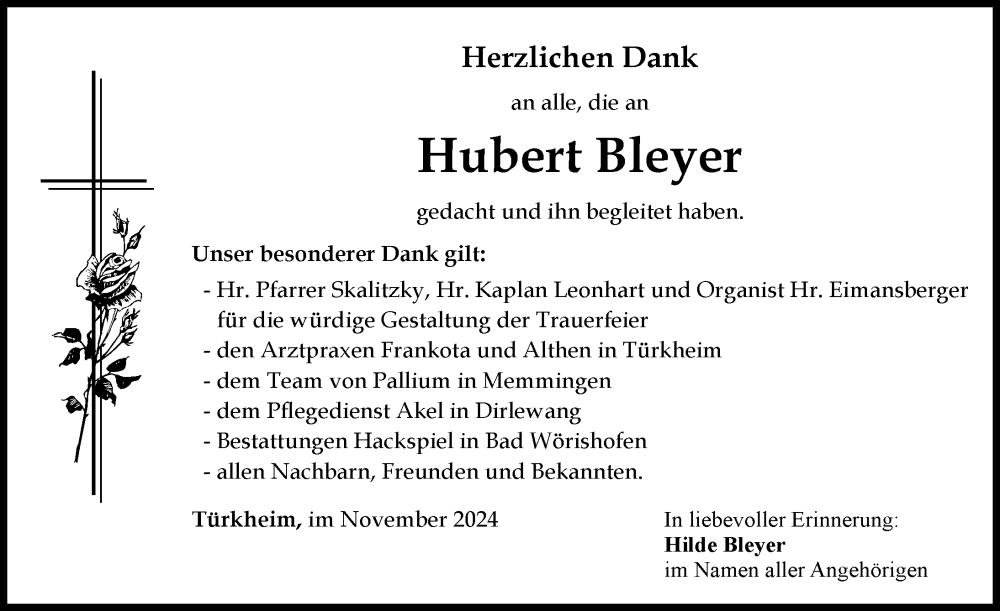 Traueranzeige von Hubert Bleyer von Mindelheimer Zeitung