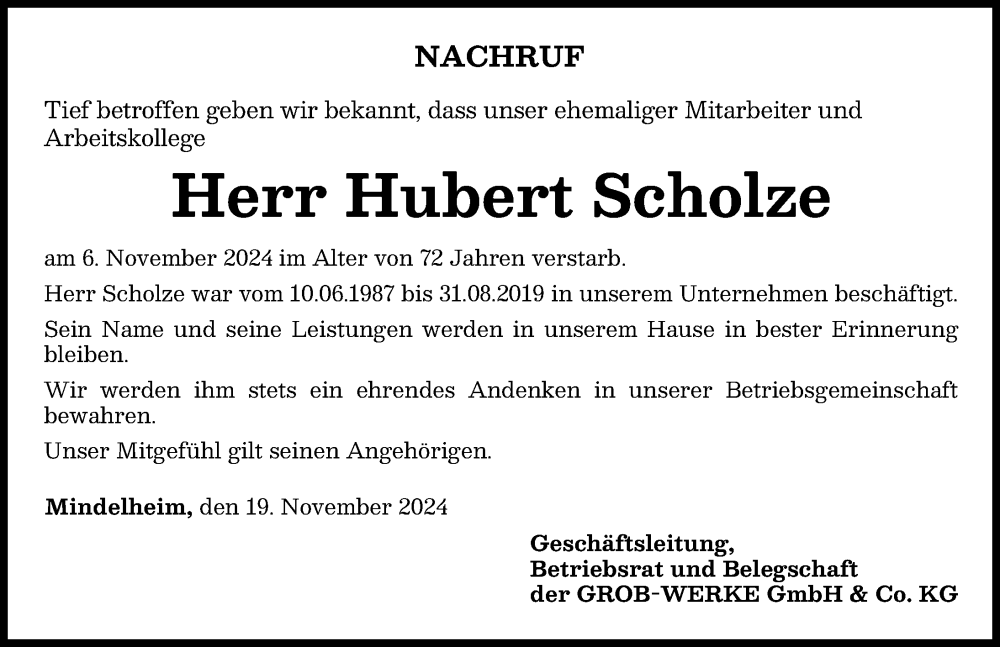 Traueranzeige von Hubert Scholze von Mindelheimer Zeitung