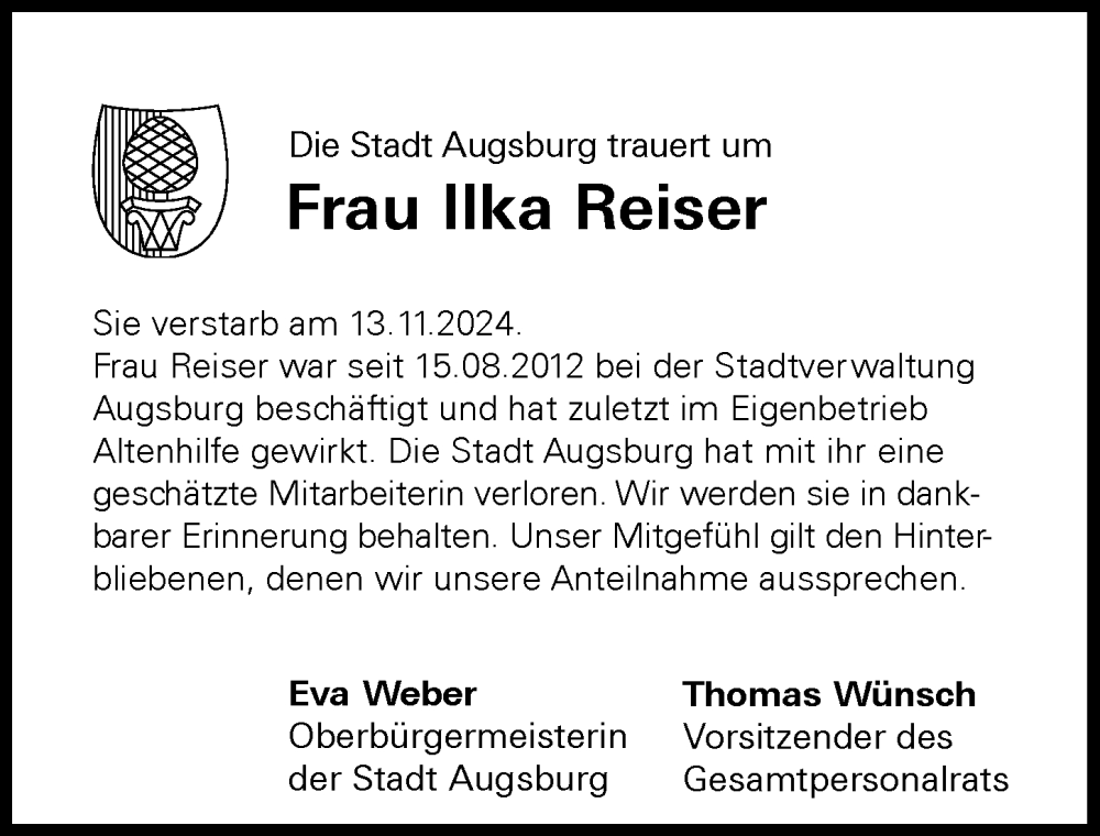 Traueranzeige von Ilka Reiser von Augsburger Allgemeine