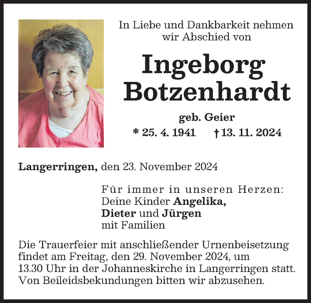 Traueranzeige von Ingeborg Botzenhardt von Schwabmünchner Allgemeine