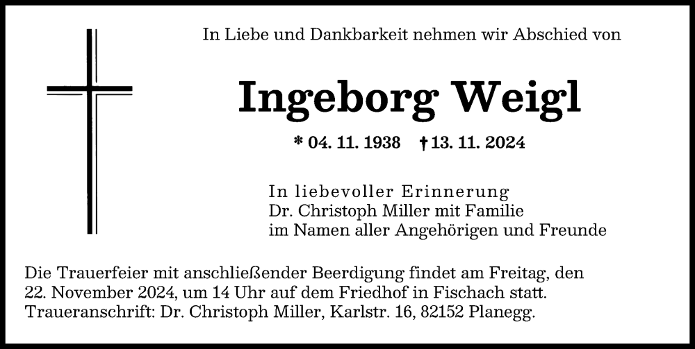 Traueranzeige von Ingeborg Weigl von Augsburger Allgemeine