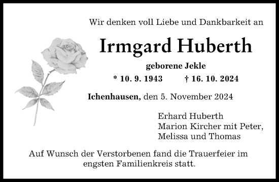 Traueranzeige von Irmgard Huberth von Günzburger Zeitung