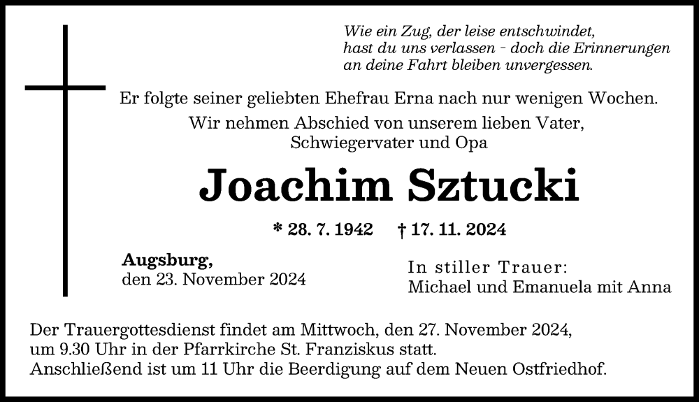 Traueranzeige von Joachim Sztucki von Augsburger Allgemeine