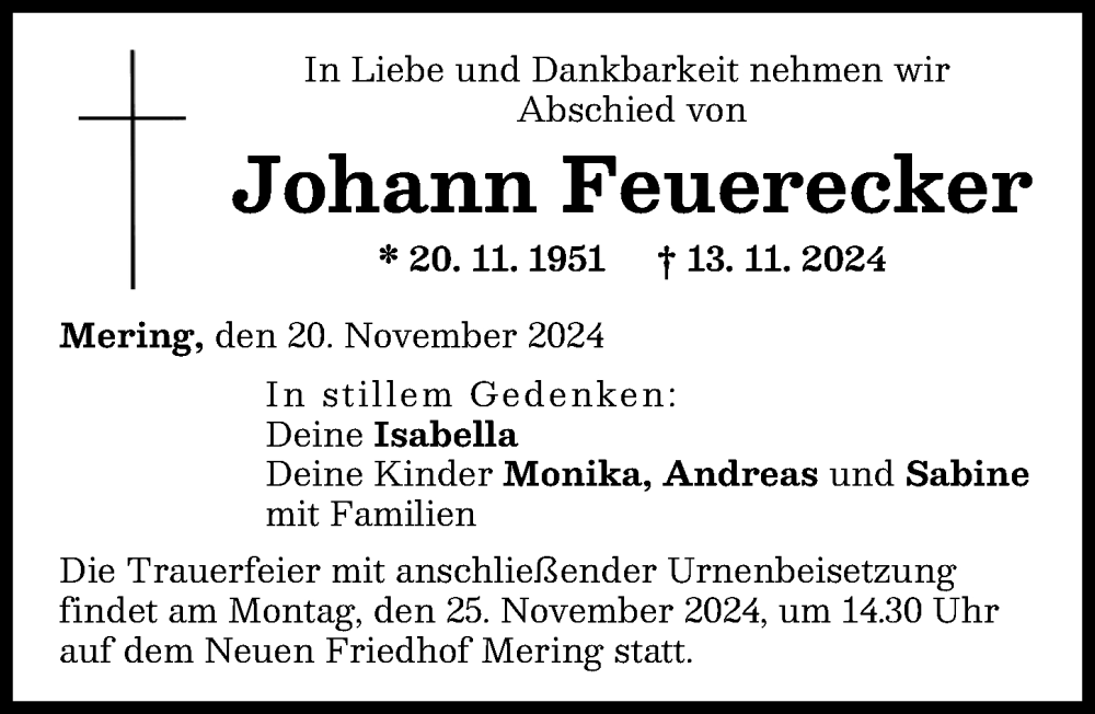 Traueranzeige von Johann Feuerecker von Friedberger Allgemeine