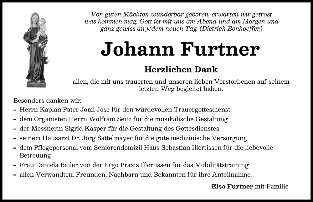 Traueranzeige von Johann Furtner von Illertisser Zeitung