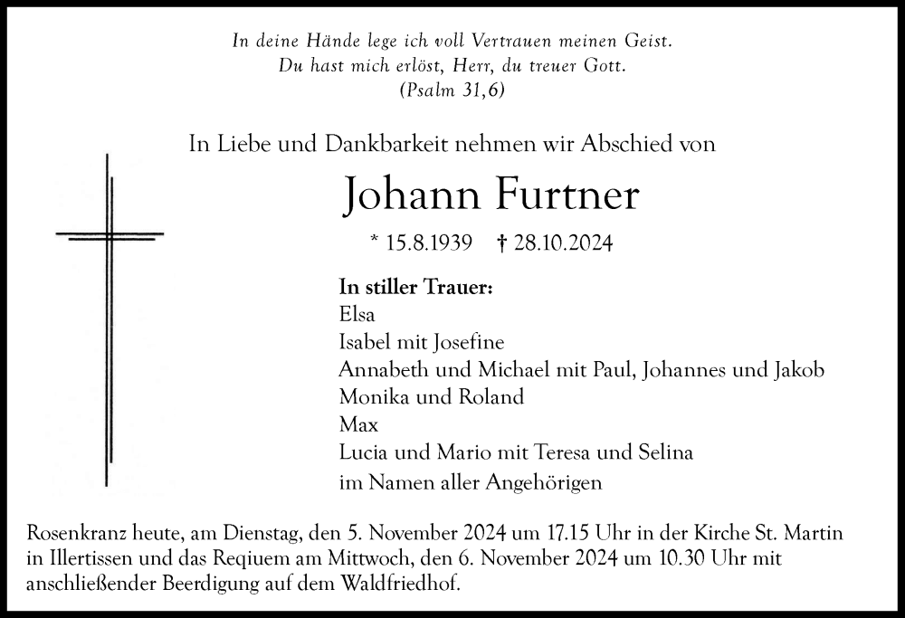 Traueranzeige von Johann Furtner von Illertisser Zeitung