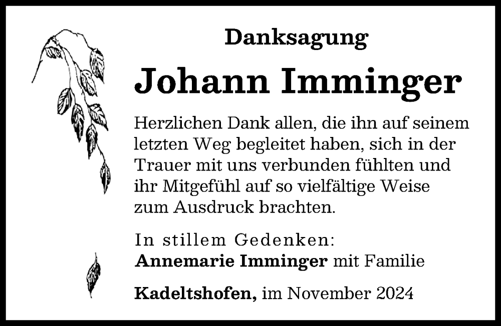 Traueranzeige von Johann Imminger von Neu-Ulmer Zeitung