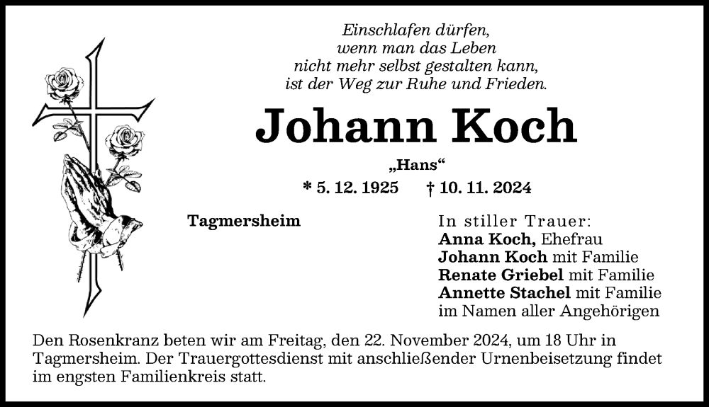 Traueranzeige von Johann Koch von Donauwörther Zeitung