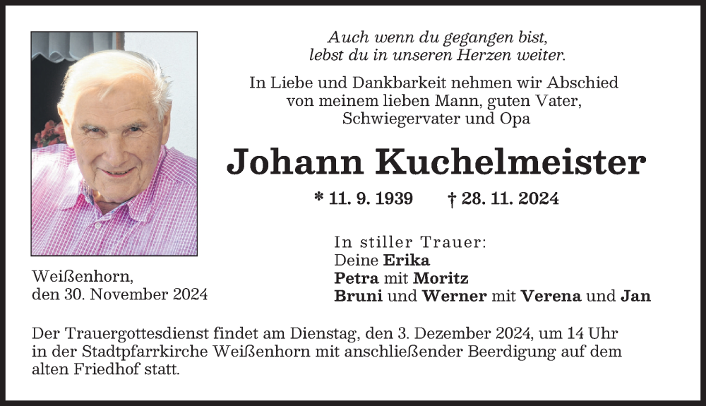 Traueranzeige von Johann Kuchelmeister von Illertisser Zeitung, Neu-Ulmer Zeitung