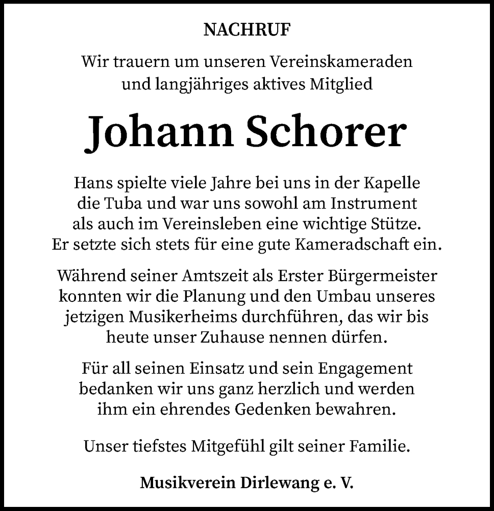 Traueranzeige von Johann Schorer von Mindelheimer Zeitung