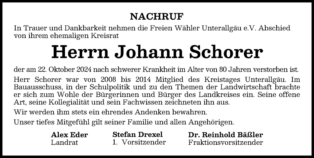 Traueranzeige von Johann Schorer von Mindelheimer Zeitung