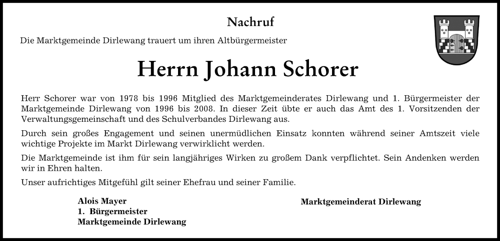 Traueranzeige von Johann Schorer von Mindelheimer Zeitung