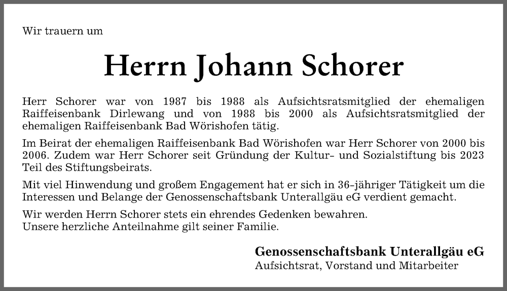 Traueranzeige von Johann Schorer von Mindelheimer Zeitung