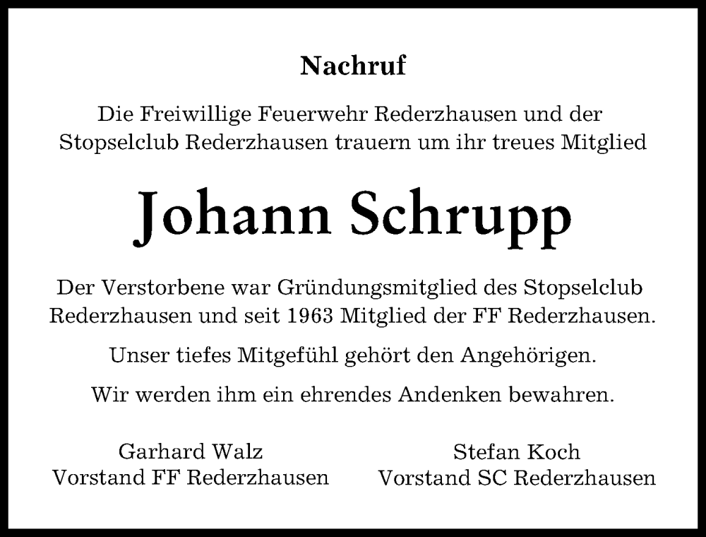 Traueranzeige von Johann Schrupp von Friedberger Allgemeine