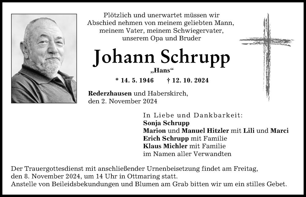 Traueranzeige von Johann Schrupp von Friedberger Allgemeine