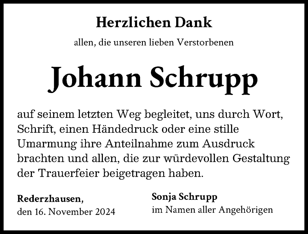 Traueranzeige von Johann Schrupp von Friedberger Allgemeine