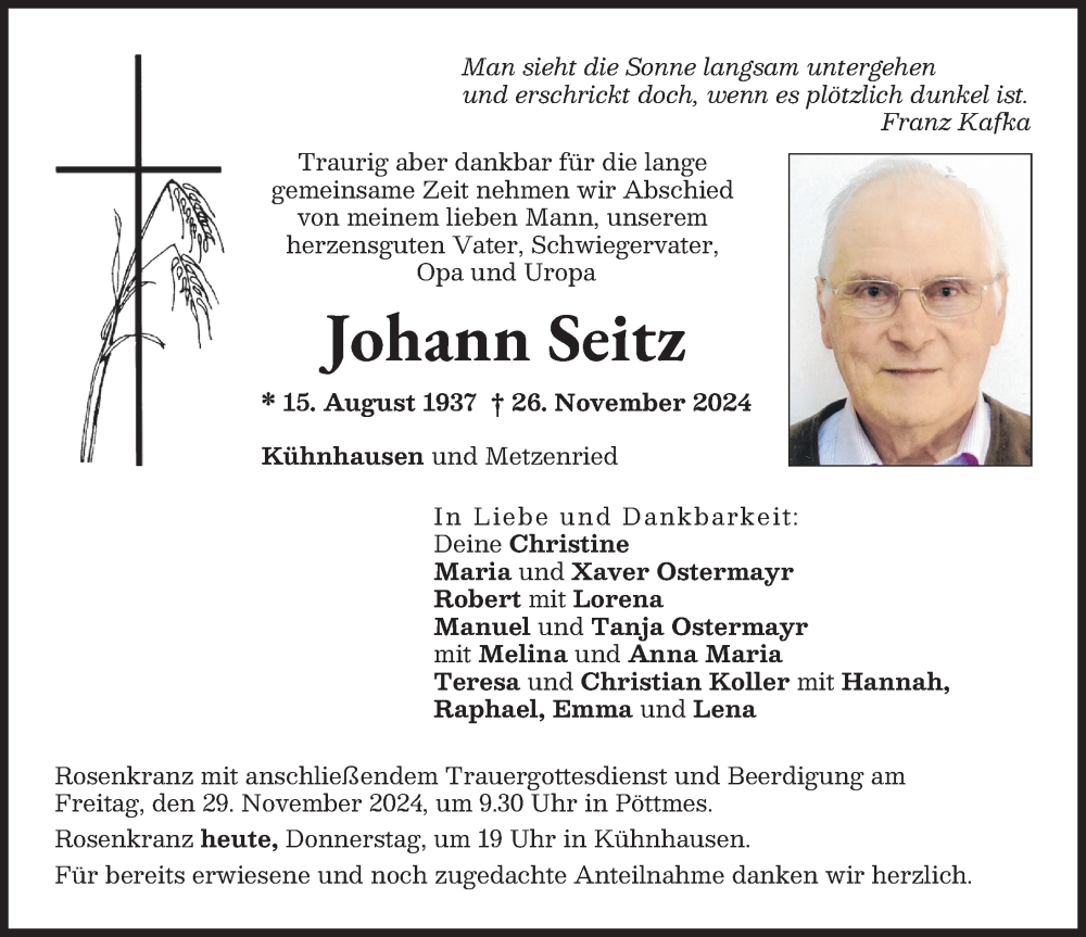 Traueranzeige von Johann Seitz von Aichacher Nachrichten