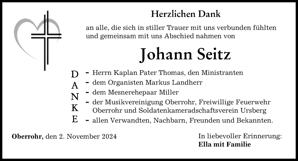 Traueranzeige von Johann Seitz von Mittelschwäbische Nachrichten