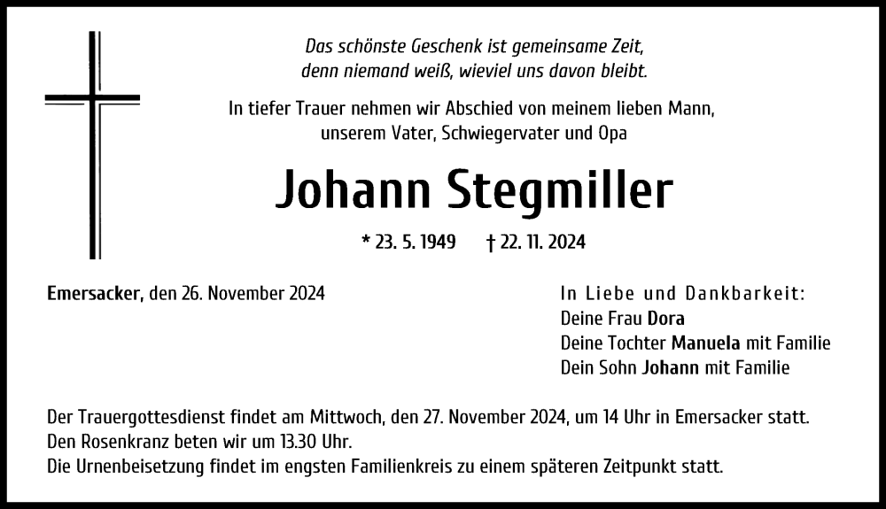 Traueranzeige von Johann Stegmiller von Augsburg-Land