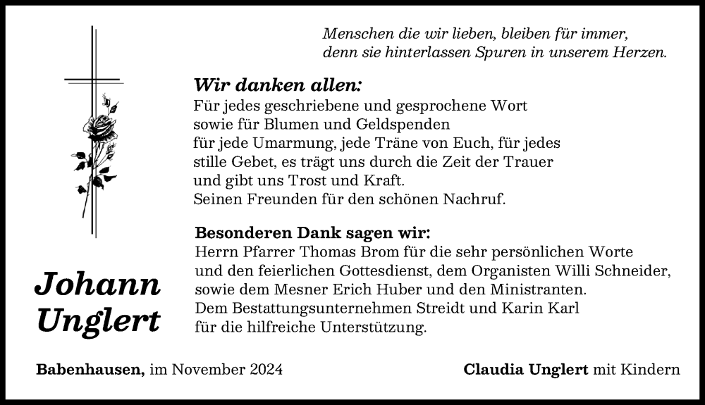 Traueranzeige von Johann Unglert von Illertisser Zeitung