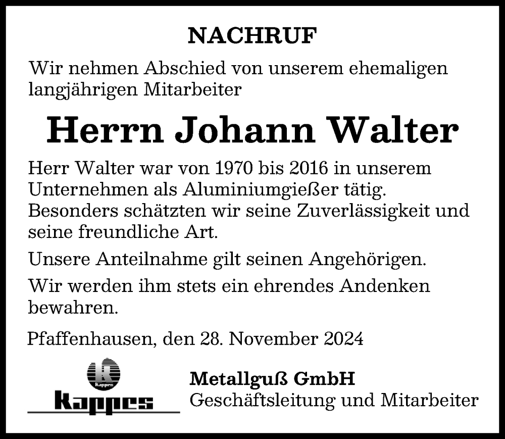 Traueranzeige von Johann Walter von Mindelheimer Zeitung