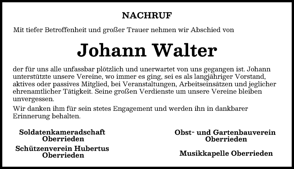 Traueranzeige von Johann Walter von Mindelheimer Zeitung