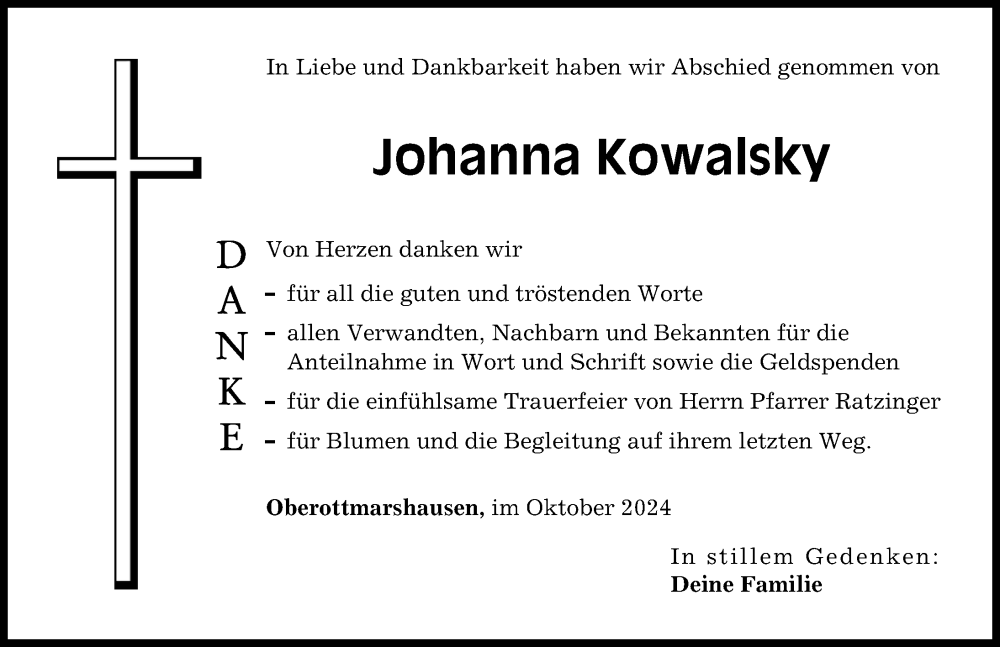 Traueranzeige von Johanna Kowalsky von Schwabmünchner Allgemeine