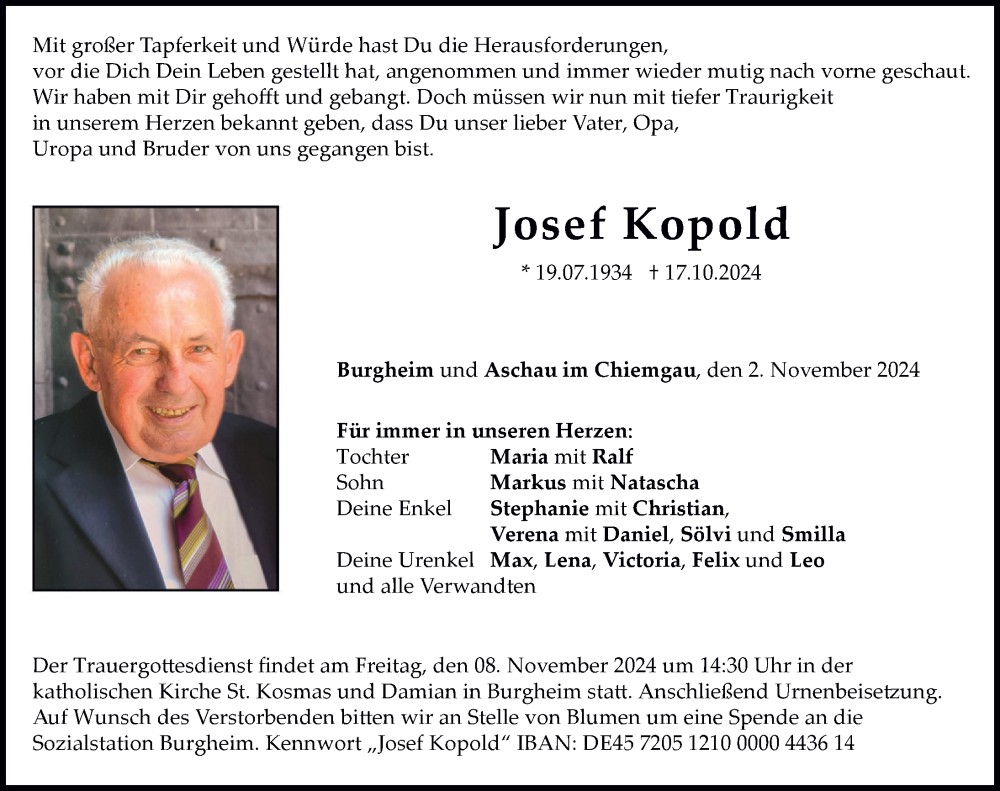 Traueranzeige von Josef Kopold von Neuburger Rundschau