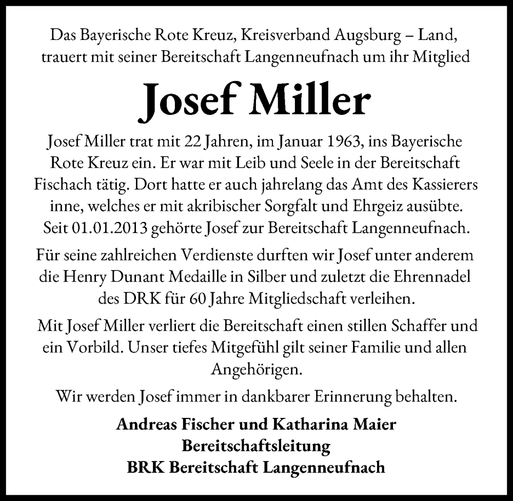 Traueranzeige von Josef Miller von Augsburg-Land