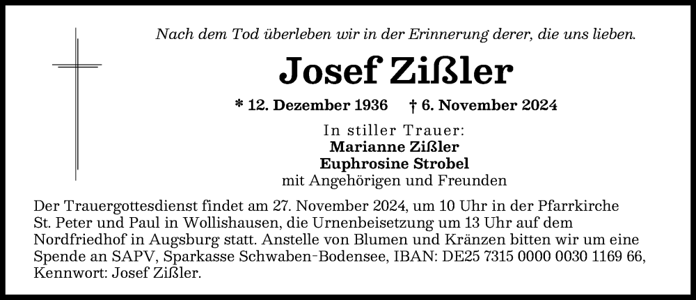 Traueranzeige von Josef Zißler von Augsburger Allgemeine