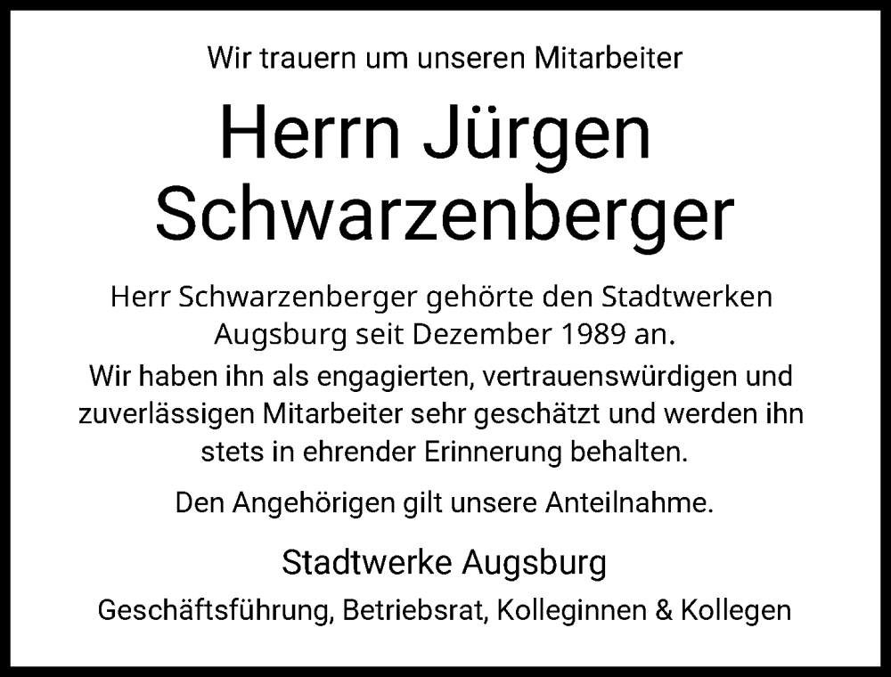 Traueranzeige von Jürgen Schwarzenberger von Augsburger Allgemeine